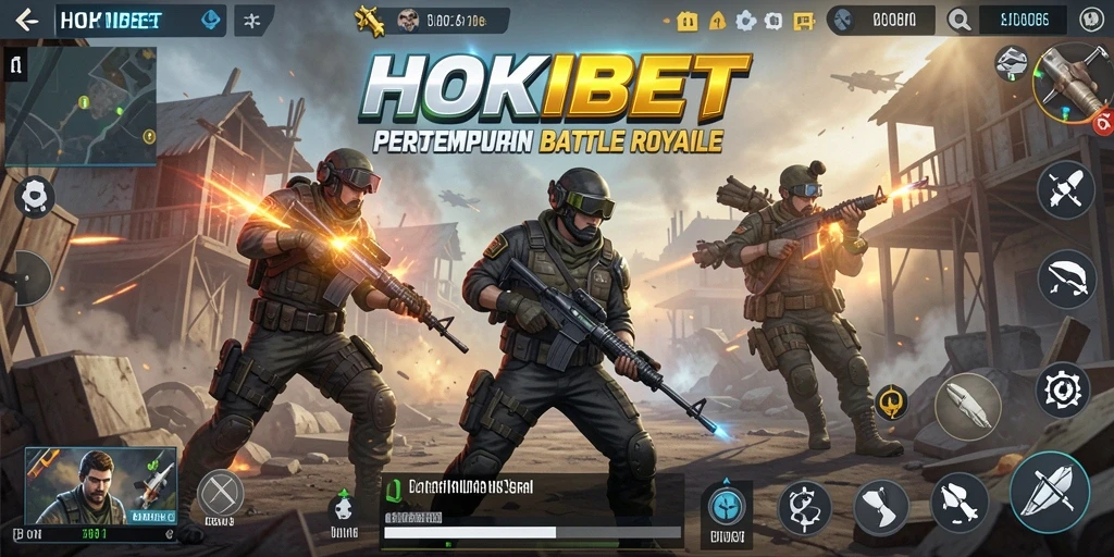 Screenshot utama HOKIBET menampilkan aksi serta strategi gameplay Battle Royale yang mendebarkan.