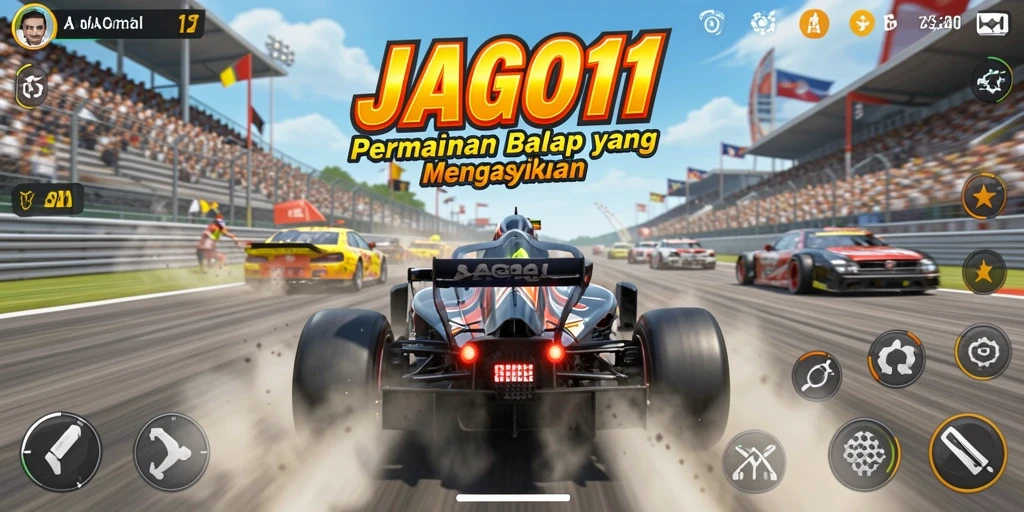 Screenshot gameplay JAGO11 yang menunjukkan aksi balap yang mendebarkan.