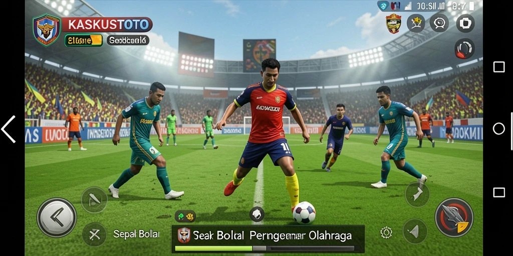 Screenshot gameplay KASKUSTOTO menampilkan aksi seru di lapangan sepak bola.