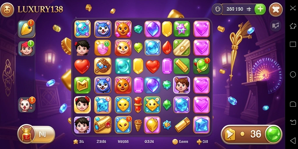 Screenshot gameplay LUXURY138 yang menunjukkan momen mencocokkan permata.