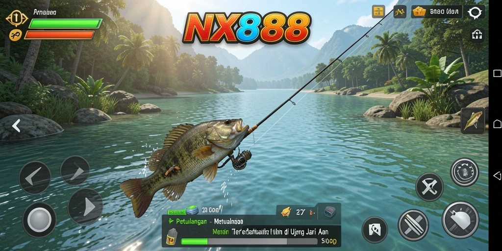 Screenshot gameplay menunjukkan aksi memancing yang mendebarkan.