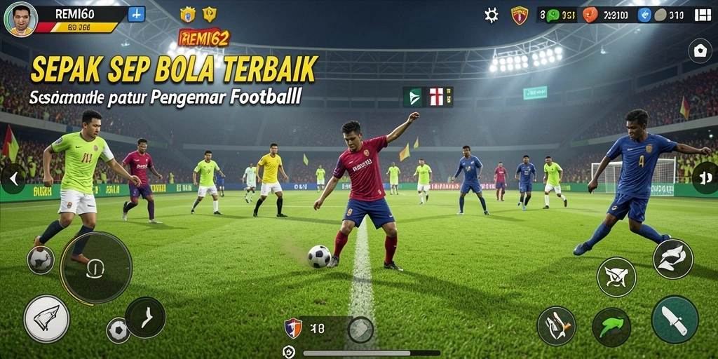 Screenshot utama dari REMI62 menampilkan aksi seru dalam permainan sepak bola.