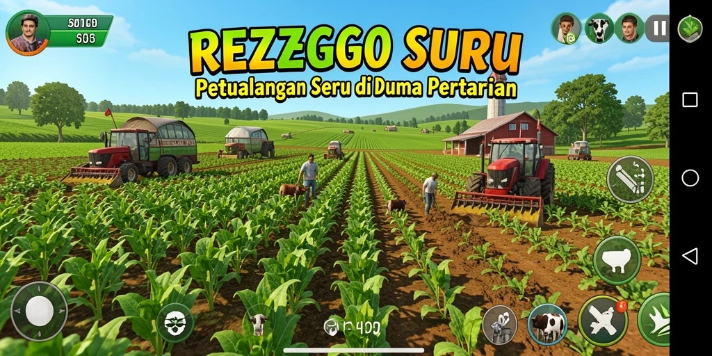 Screenshot gameplay REZEGO yang menunjukkan suasana pertanian yang ceria.