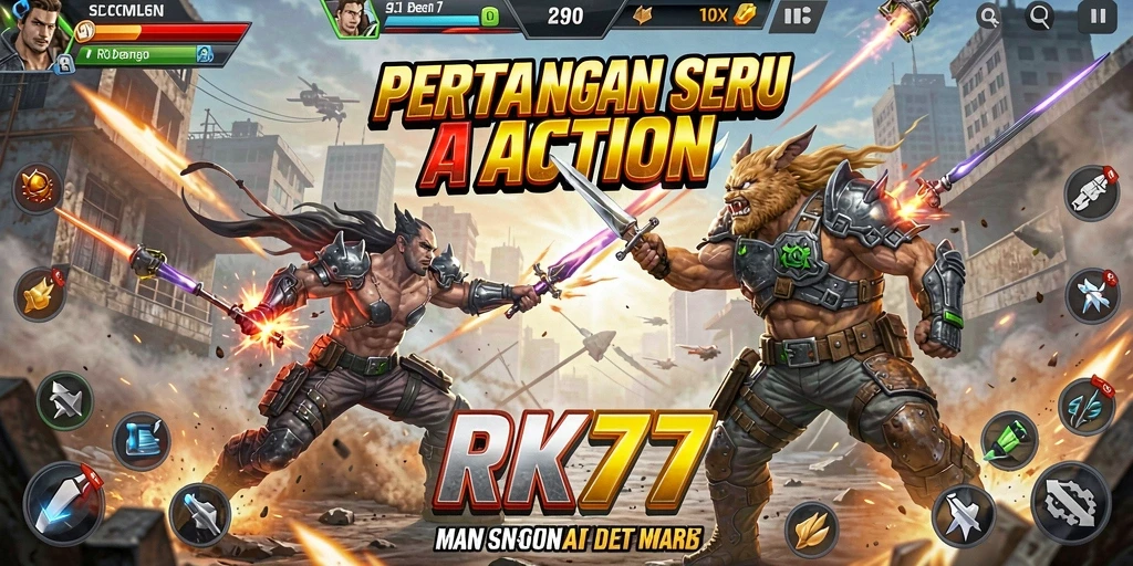 Tampilan utama gameplay RK77 menunjukkan aksi pertarungan yang mendebarkan.