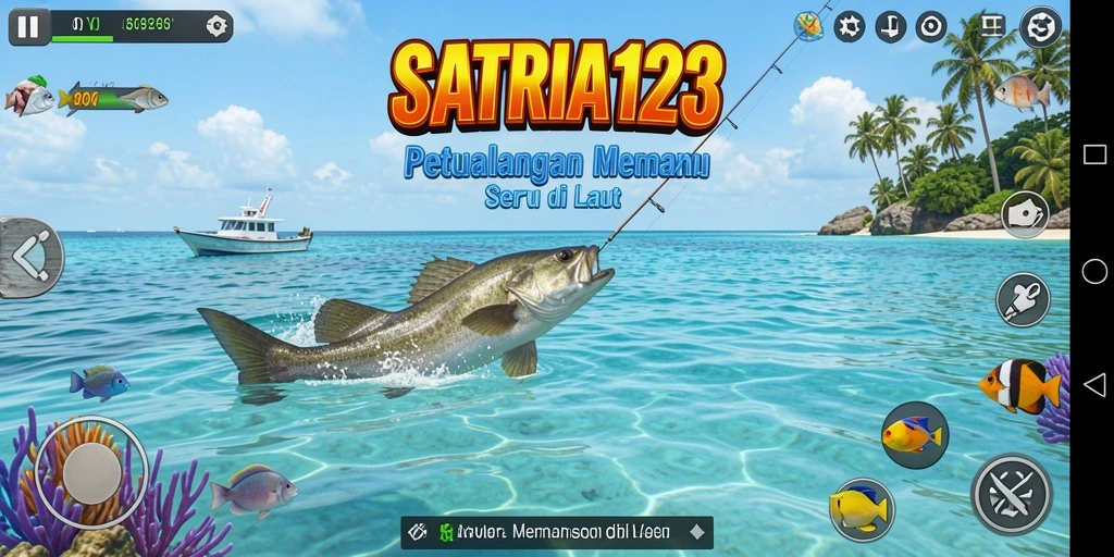 Screenshot menunjukkan pemain menangkap ikan besar di laut.
