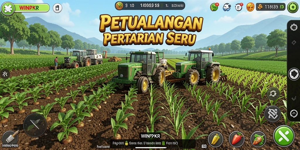 Screenshot gameplay <strong>WINPKR</strong> menampilkan kebun yang subur dan hewan peliharaan yang ceria.